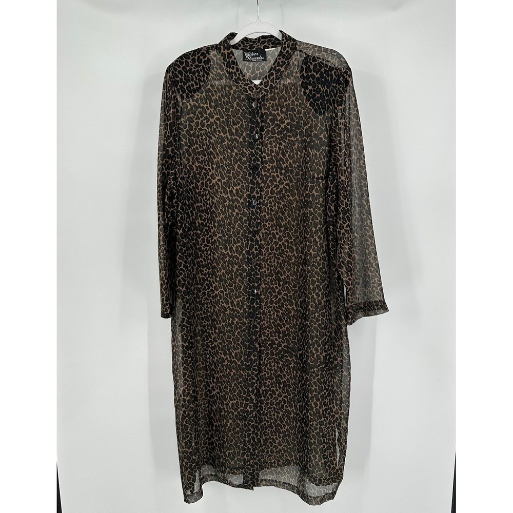 Womens Vintage Mob Wife Leopard Print Duster Cardigan Size L Sheer Indie Sleaze